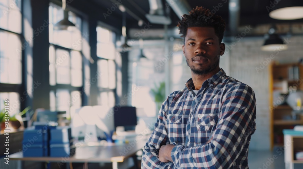 A confident young man stands with arms crossed in a modern, well-lit office space, exuding professionalism and readiness.
