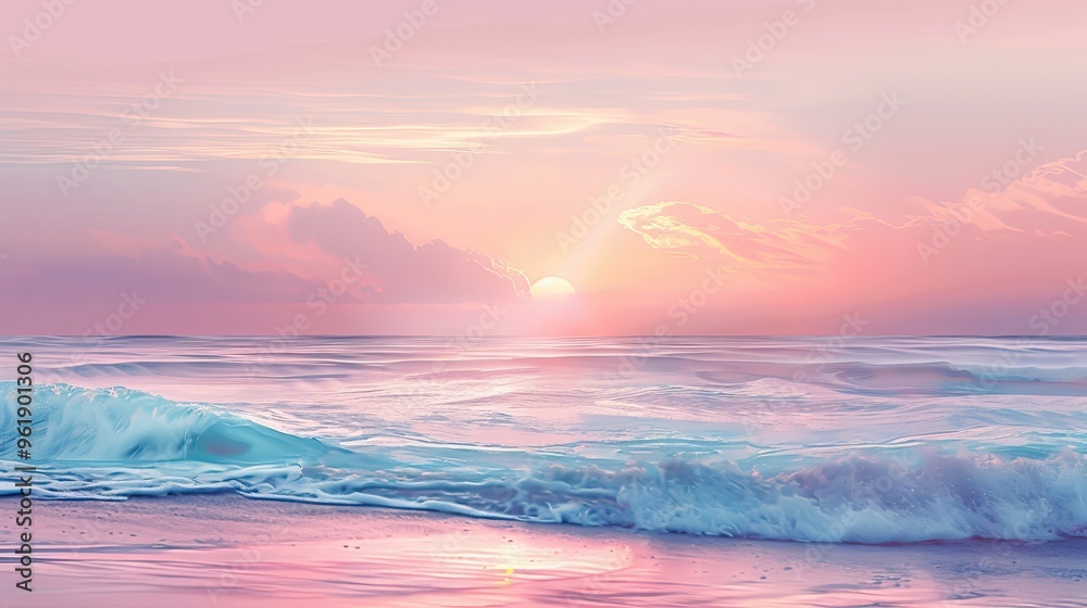 Lofi backdrop showing a tranquil beach at dawn with soft pastel gradients in the sky and blurred waves creating a serene background Lofi backdrop showing a tranquil beach at dawn with soft pastel gradients in the sky and blurred waves creating a serene background