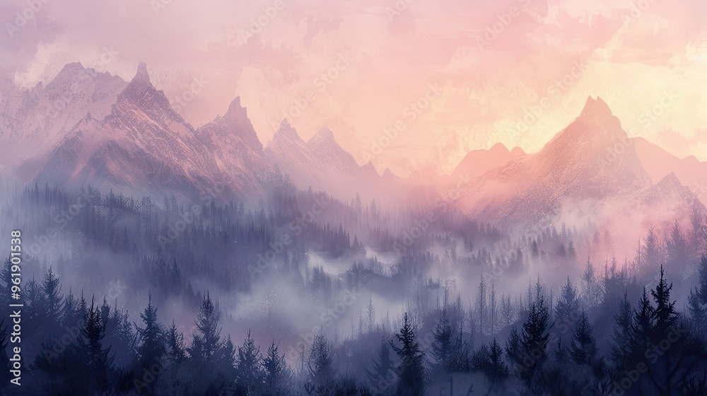 Lofi backdrop of a misty mountain at sunrise with soft pastels and blurred peaks creating a serene background Lofi backdrop of a misty mountain at sunrise with soft pastels and blurred peaks creating a serene background