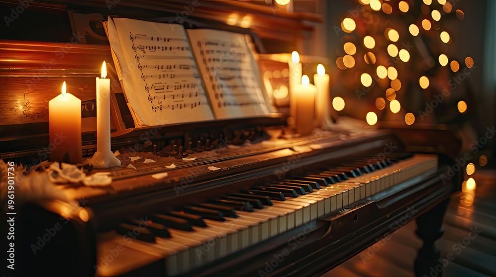 Lofi background of an old piano in dim lighting with glowing candles and blurred music creating a nostalgic backdrop Lofi background of an old piano in dim lighting with glowing candles and blurred music creating a nostalgic backdrop