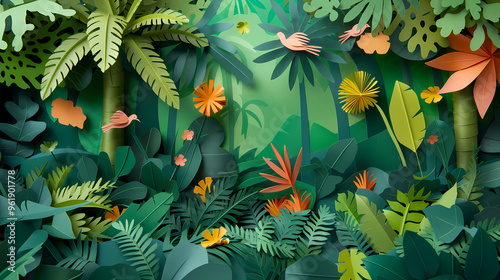 Tropical rainforest with trees and moss in paper cute style