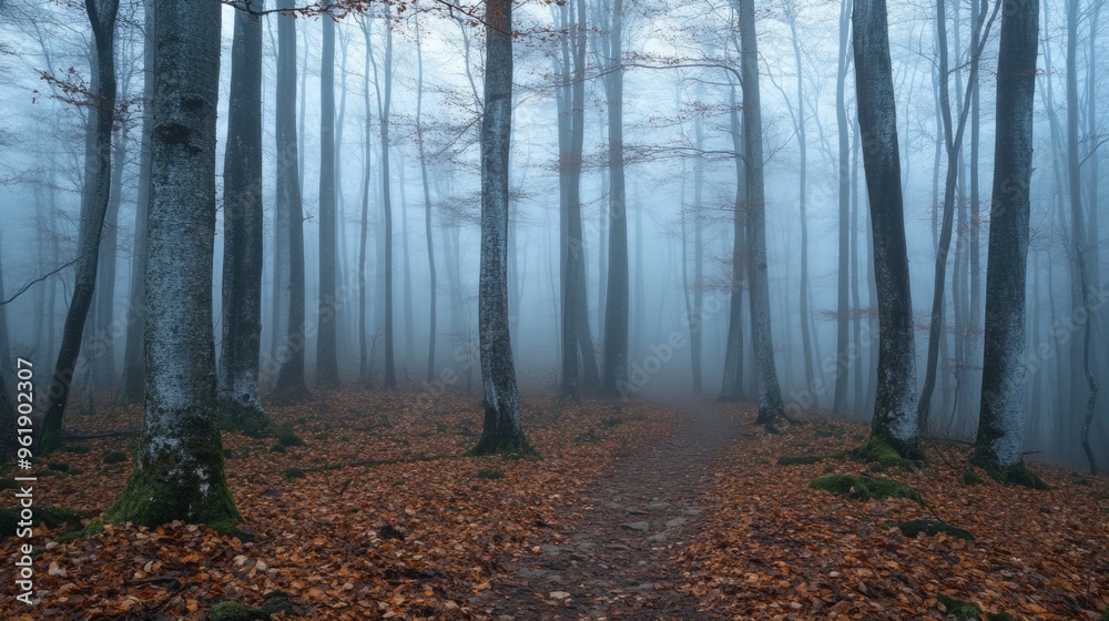 Fototapeta premium A forest with foggy trees and a path