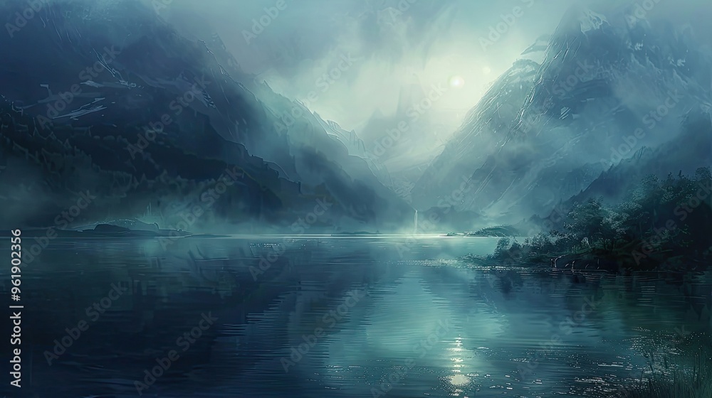 Fototapeta premium Symbolism background showcasing a serene lake mystical elements and misty mountains bathed in ethereal otherworldly light