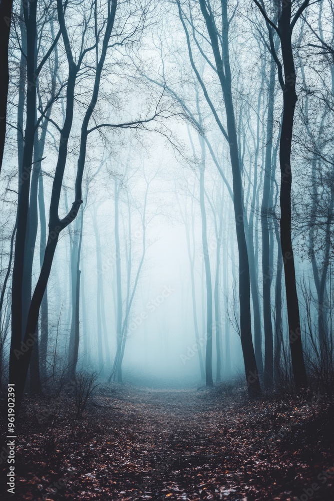 Obraz premium A forest with foggy trees and a path