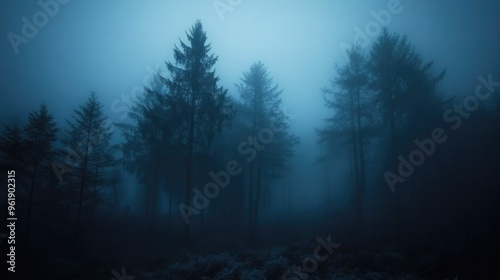 A forest with a foggy atmosphere