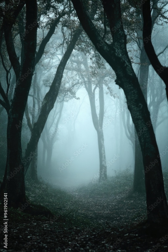 Fototapeta premium A forest with trees and fog