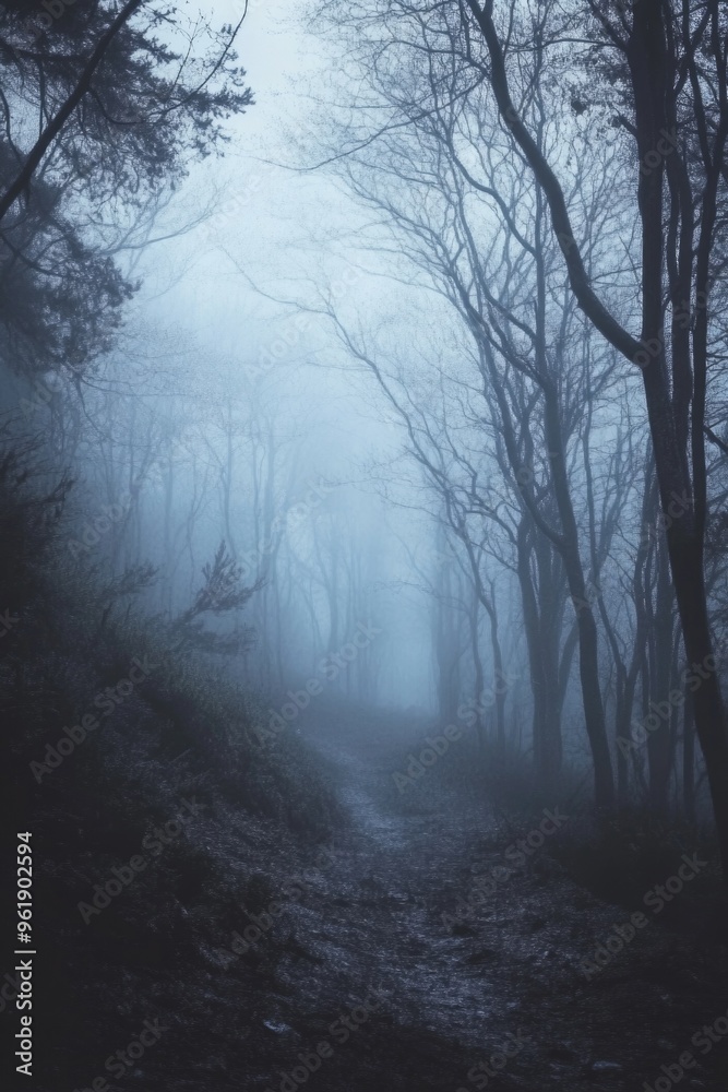 A foggy forest path with trees in the background A foggy forest path with trees in the background