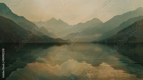 Mannerism background depicting a calm lake with intricate patterns elongated forms and soft diffused light on distant mountains photo