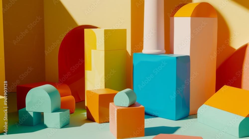 Bold, colorful geometric blocks are bathed in warm sunlight, creating playful shadows and a striking visual composition within a minimalist setting. Bold, colorful geometric blocks are bathed in warm sunlight, creating playful shadows and a striking visual composition within a minimalist setting.