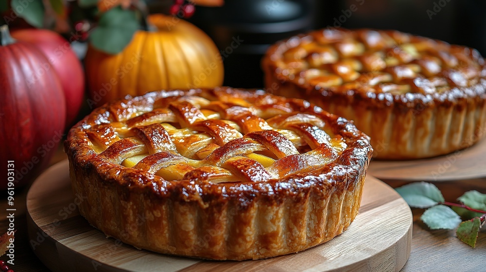Apple pie decorated with lattice overhead shot, fall baking concept Apple pie decorated with lattice overhead shot, fall baking concept