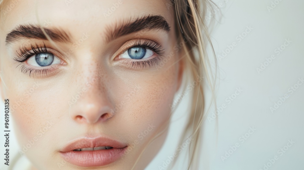 Close-up portrait of a young woman with striking blue eyes and full, arched eyebrows, her natural beauty highlighted by soft lighting and a serene expression. Close-up portrait of a young woman with striking blue eyes and full, arched eyebrows, her natural beauty highlighted by soft lighting and a serene expression.