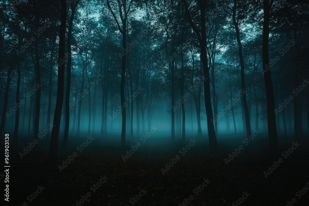 Obraz premium A dark forest with foggy trees and a misty atmosphere