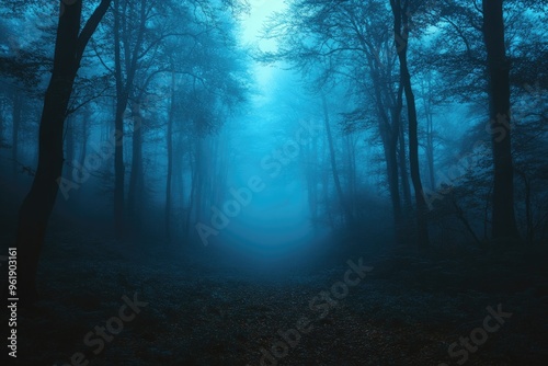 A forest is shown in the dark with foggy mist