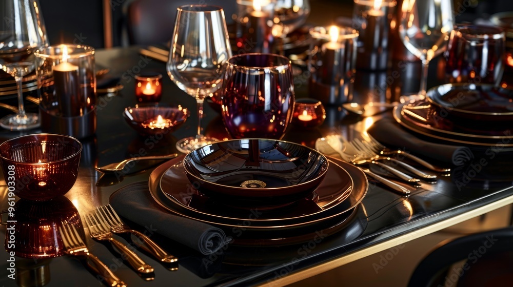 sophisticated holiday table set with dark tones, and modern-retro elements sophisticated holiday table set with dark tones, and modern-retro elements