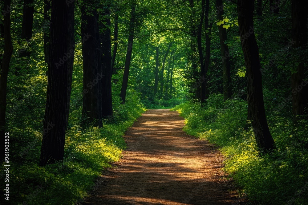 Sunlit Path Through Lush Green Forest Sunlit Path Through Lush Green Forest