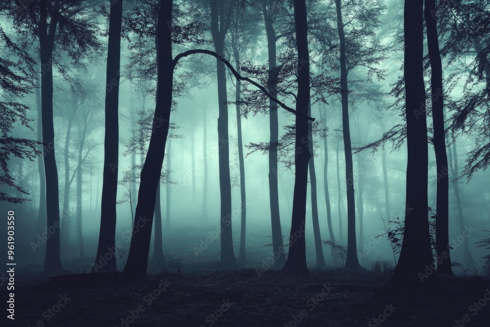 A forest with trees in the background and a foggy sky