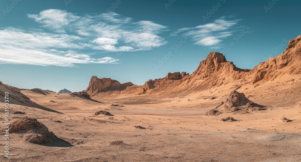 Arid Landscape: Majestic Sand Dunes and Rock Formations in a Desert