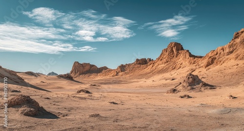Fototapeta Naklejka Na Ścianę i Meble -  Arid Landscape: Majestic Sand Dunes and Rock Formations in a Desert