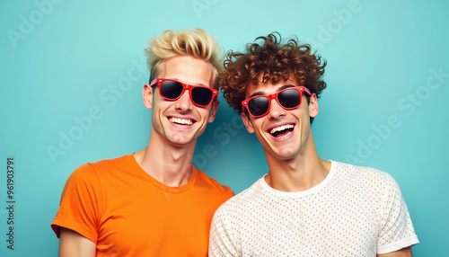 Two Young Men Smiling in Playful Outfits and wearning Sunglasses photo