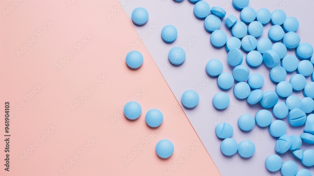 Pastel pink and purple divided background with scattered blue pills, presenting a striking contrast between healthcare and modern aesthetics. Pastel pink and purple divided background with scattered blue pills, presenting a striking contrast between healthcare and modern aesthetics.