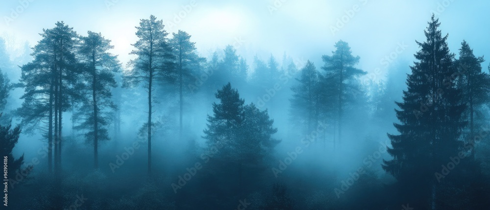 A forest with foggy trees and a blue sky A forest with foggy trees and a blue sky