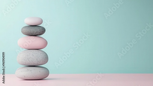 A serene arrangement of pastel stones stacked harmoniously against a soft background, symbolizing balance and tranquility.