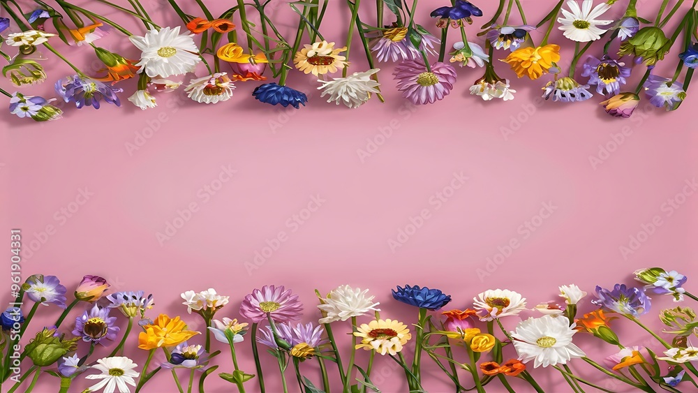 Obraz premium Top view of beautiful blooming flowers and blank card isolated on pink