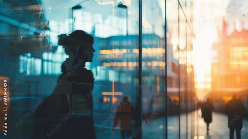 A silhouetted figure reflects on a glass wall in an urban setting during the vibrant, golden sunset glow; city life blurs in the background. A silhouetted figure reflects on a glass wall in an urban setting during the vibrant, golden sunset glow; city life blurs in the background.