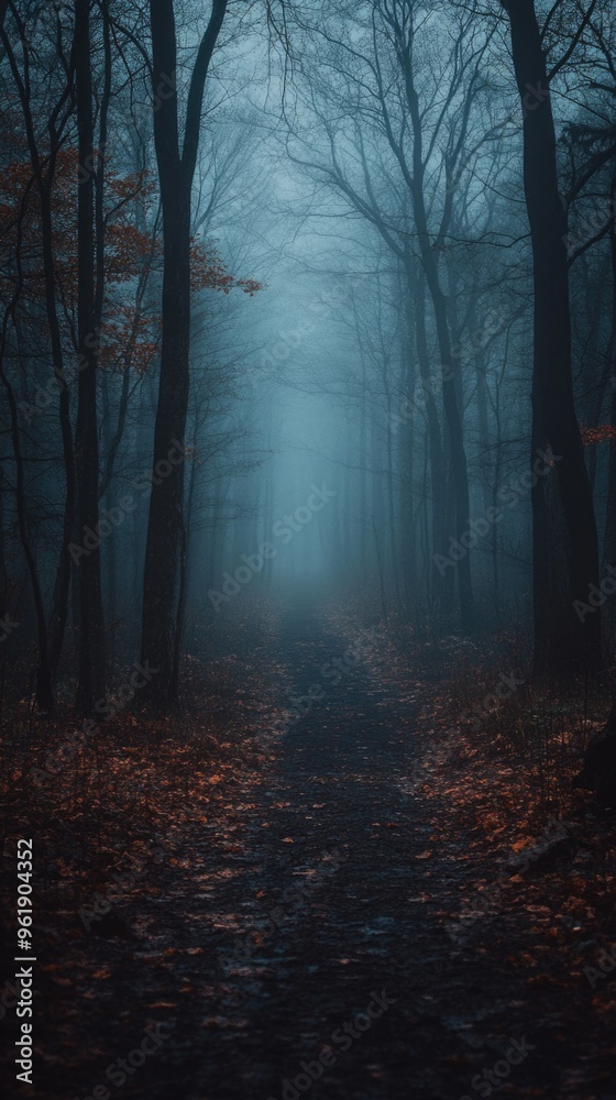 Fototapeta premium A forest path is shown in the dark with trees in the background