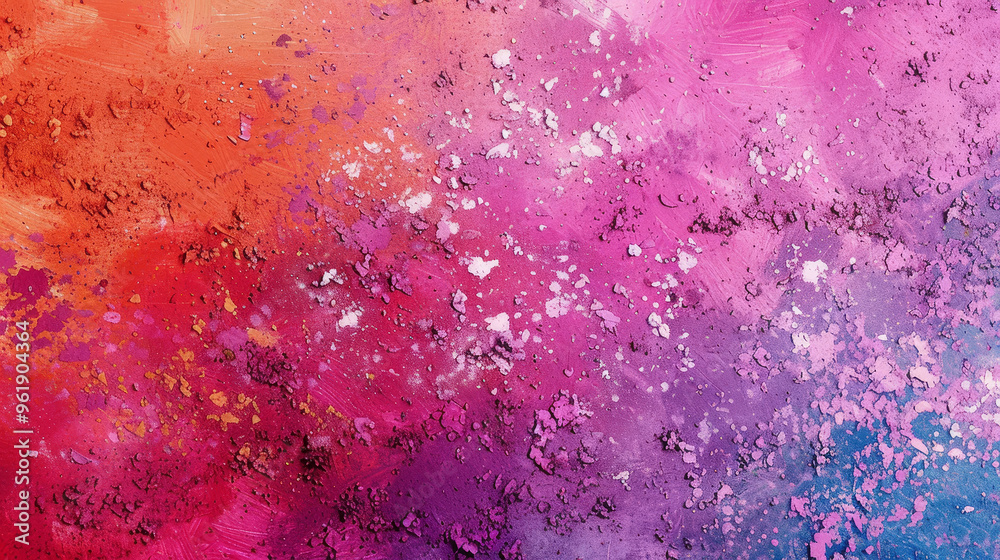 Fototapeta premium A broken purple, blue, red, yellow, pink eye shadow make up smear palette. Top view.