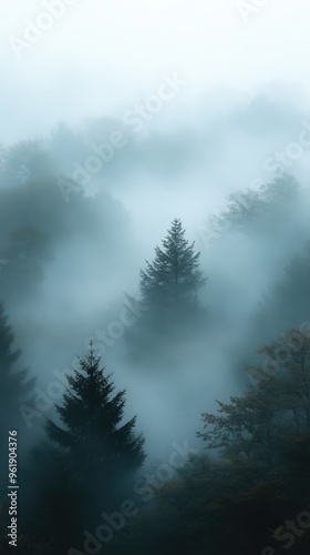 A forest with foggy trees and a misty atmosphere