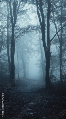A forest with foggy trees and a path