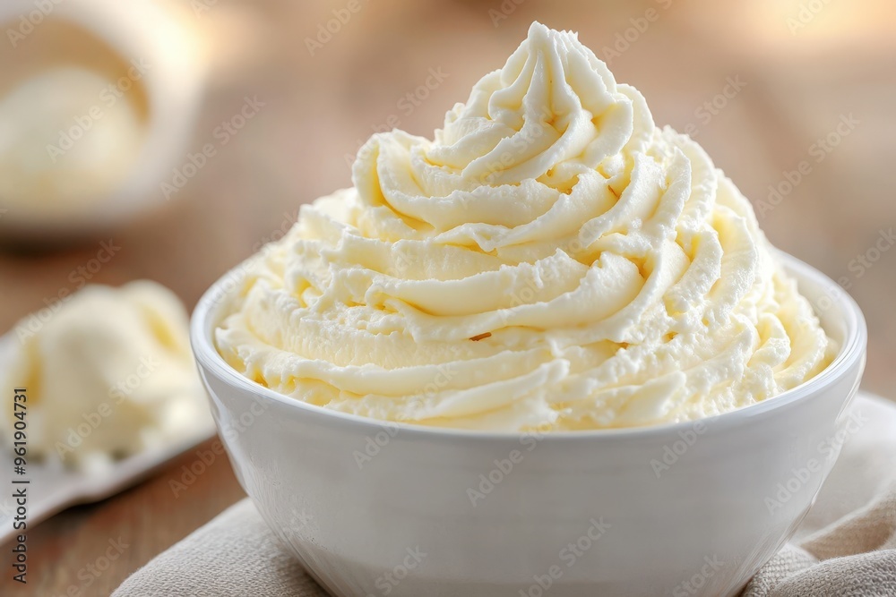 Buttercream Delight: Creamy and Delicious Frosting in a Textured White Bowl Buttercream Delight: Creamy and Delicious Frosting in a Textured White Bowl