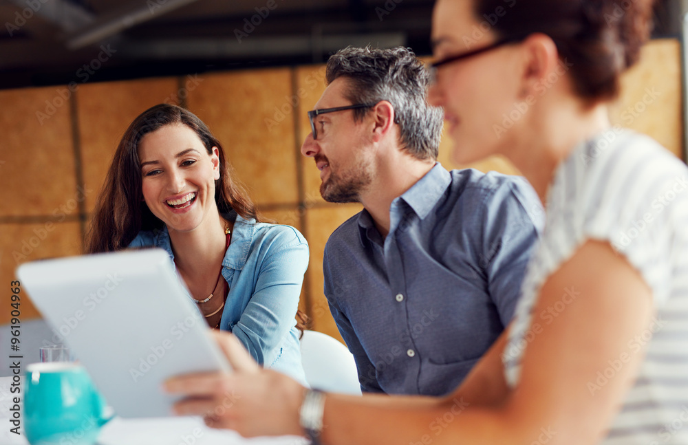 Employees, teamwork and happy on tablet at office in meeting for business collaboration and ideas web designer. People, coworking and smile in boardroom with client for review on creative project
