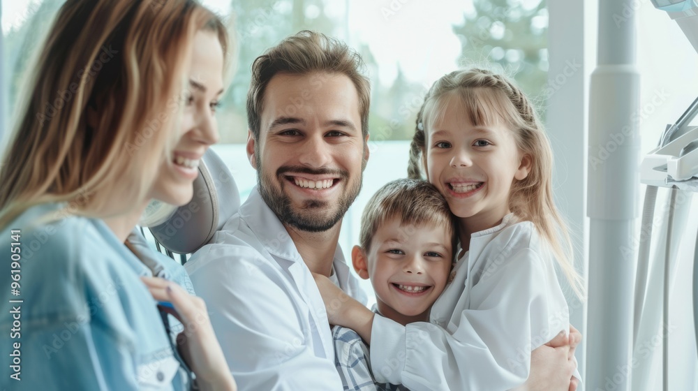A smiling dentist and assistant pose happily with a young girl and boy in a bright, welcoming dental office. A smiling dentist and assistant pose happily with a young girl and boy in a bright, welcoming dental office.