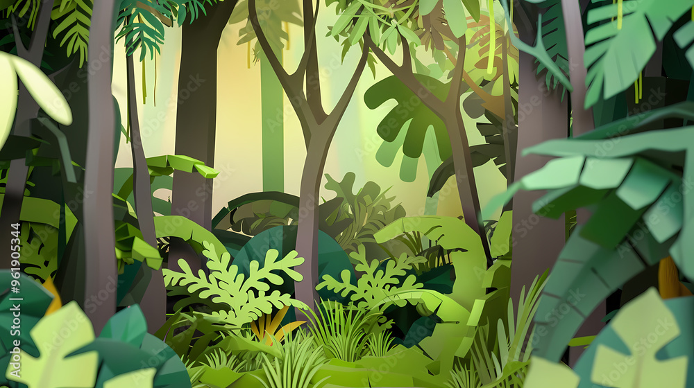 Tropical rainforest with trees and moss in paper cute style Tropical rainforest with trees and moss in paper cute style