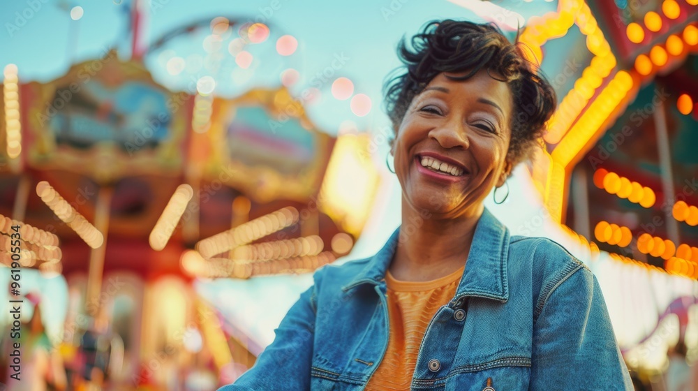 Obraz premium A joyful lady in a denim jacket beams with happiness at an amusement park, capturing the lively spirit of fun and nostalgia.