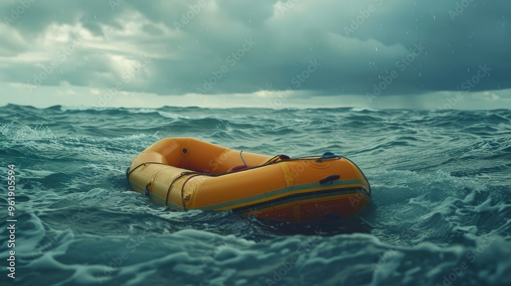 An orange inflatable lifeboat afloat on a turbulent sea under dark ...