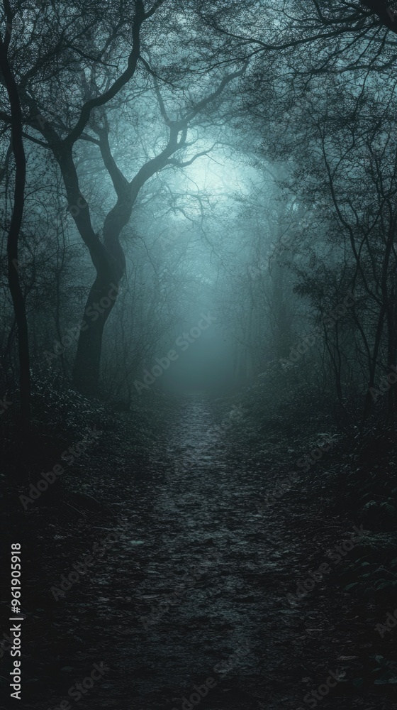 Fototapeta premium A dark forest path with a tree in the middle