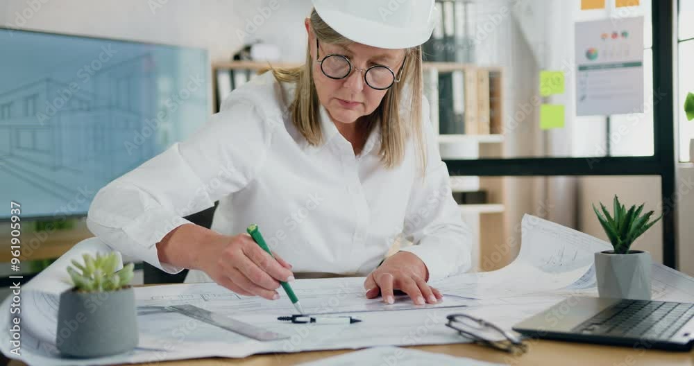 Woman architect in helmet drawing on blueprint. Construction industry concept. Woman architect in helmet drawing on blueprint. Construction industry concept.