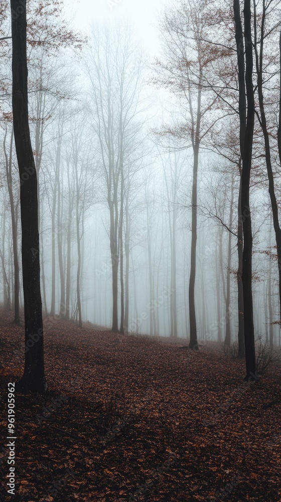 A forest with foggy weather and trees with leaves on the ground A forest with foggy weather and trees with leaves on the ground