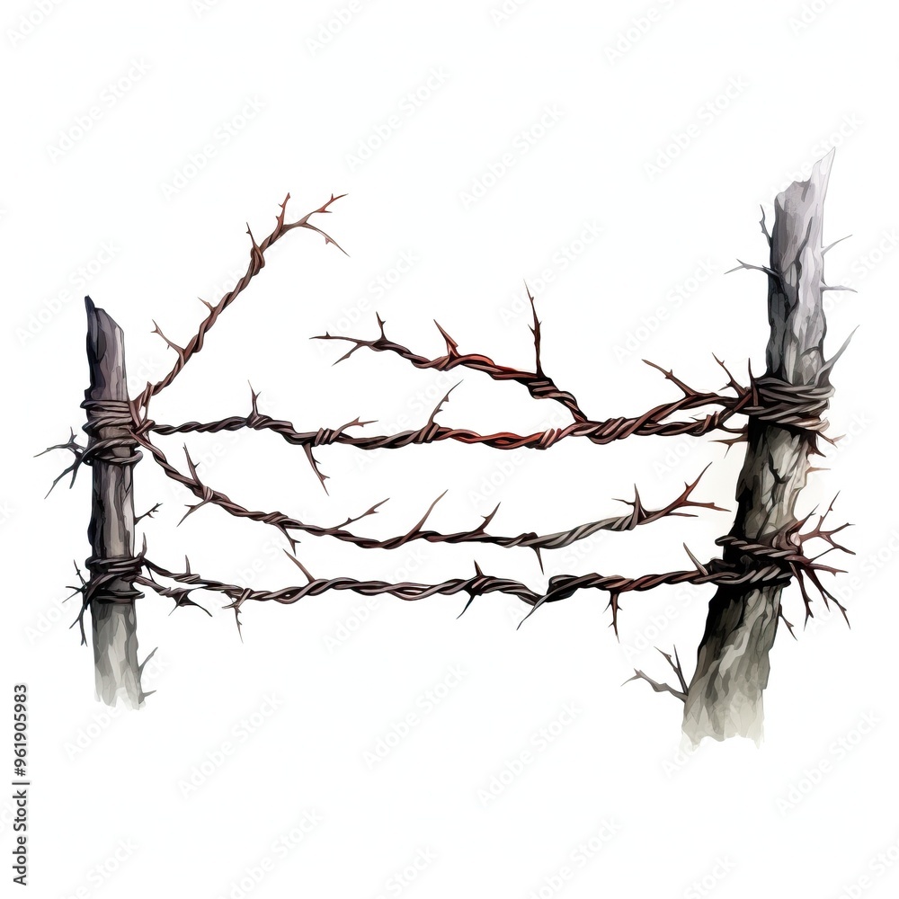 Rustic barbed wire fence with wooden posts, symbolizing boundaries and protection in rural landscapes. Rustic barbed wire fence with wooden posts, symbolizing boundaries and protection in rural landscapes.