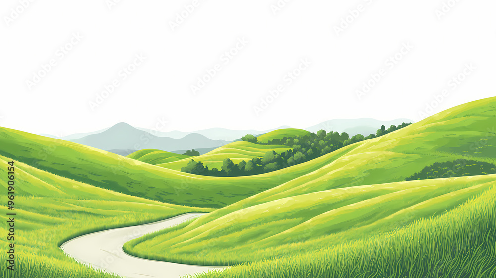 Landscape with road green hill and green grass on white background, banner. Rolling Hills. Illustration Landscape with road green hill and green grass on white background, banner. Rolling Hills. Illustration