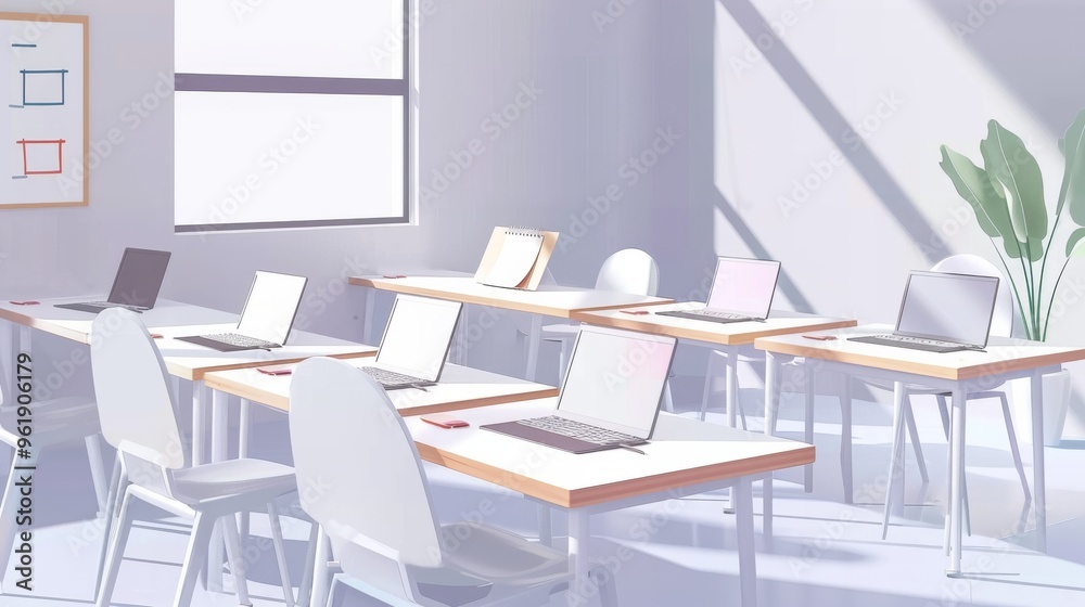 Modern classroom with sleek white desks, open laptops, and minimalist decor, bathed in natural light from large windows, offering a conducive learning environment. Modern classroom with sleek white desks, open laptops, and minimalist decor, bathed in natural light from large windows, offering a conducive learning environment.