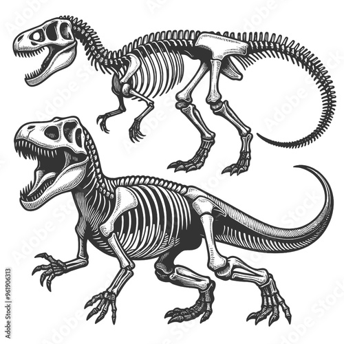 dinosaur skeleton amidst prehistoric plants, capturing the essence of the Jurassic era sketch engraving generative ai vector illustration. Scratch board imitation. Black and white image.