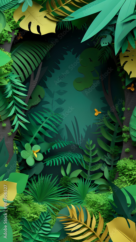 Tropical rainforest with trees and moss in paper cute style Tropical rainforest with trees and moss in paper cute style