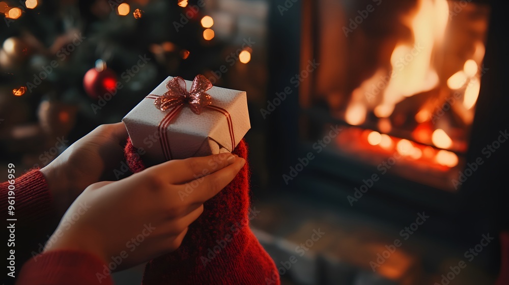 Hands Placing a Gift Box in a Stocking: A close-up of hands slipping a small gift box into a Christmas stocking, with a fireplace in the background.
Hands Placing a Gift Box in a Stocking: A close-up of hands slipping a small gift box into a Christmas stocking, with a fireplace in the background.