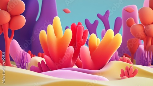 Vibrant underwater scene featuring colorful coral and unique marine plants in a surreal landscape of vivid colors.