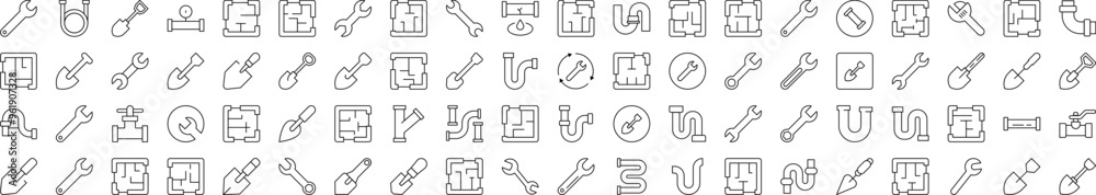 Pack of Repair and Renovation Related Line Icons. Editable Stroke for Design, Web Sites, Apps, Cards. Contains Linear Images of Floor Plan, Shovel, Spanner, Pipe Pack of Repair and Renovation Related Line Icons. Editable Stroke for Design, Web Sites, Apps, Cards. Contains Linear Images of Floor Plan, Shovel, Spanner, Pipe