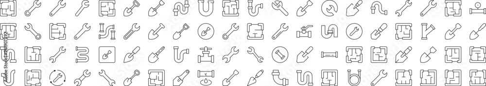 Repair and Renovation Line Icon Pack. Modern Collection for Design, Web Sites, Apps, Cards. Contains Linear Images of Floor Plan, Shovel, Spanner, Pipe
